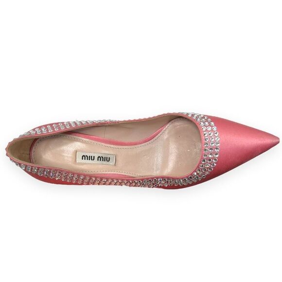 Miu Miu Calzature Donna Crystal Embellished Satin Heels Pumps Rose Pink SZ 36.5 - Picture 4 of 12